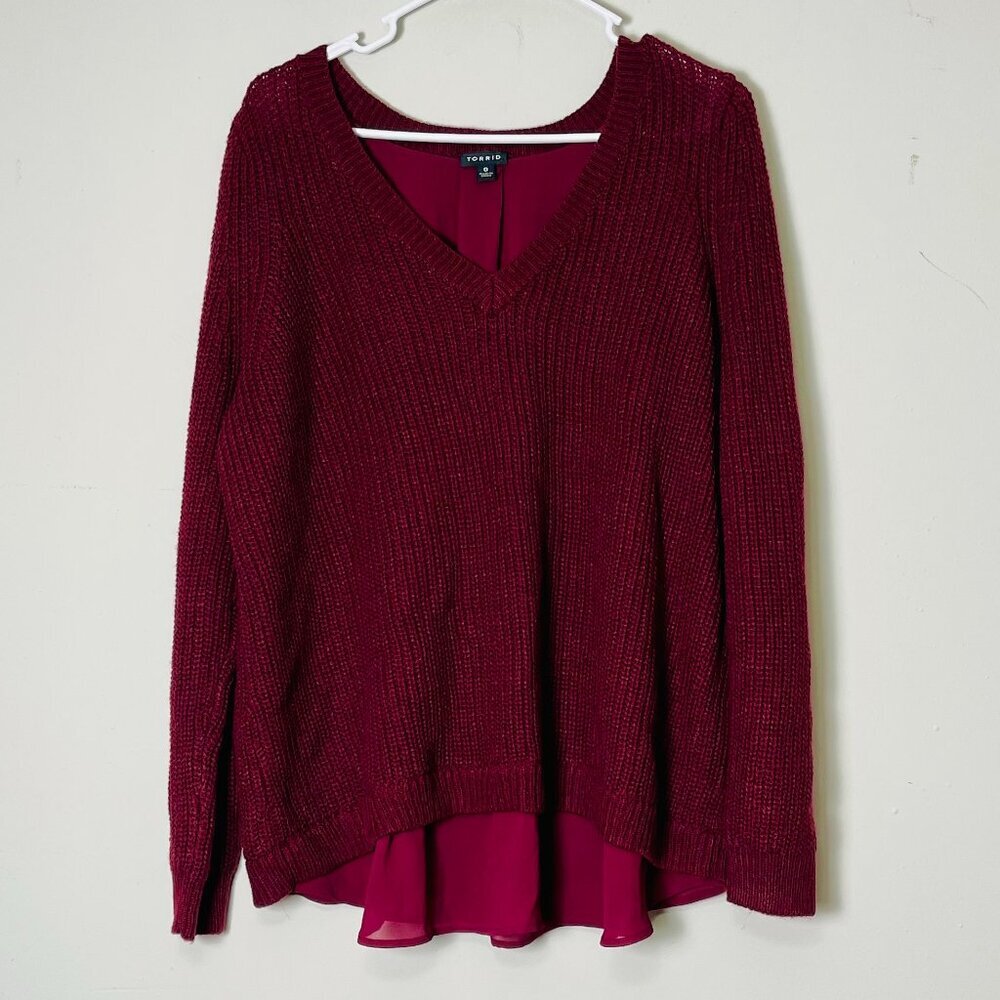 Torrid Sweater Tunic Women's 0 Red V-Neck Lace-Up Back Ribbed Grandma Barn